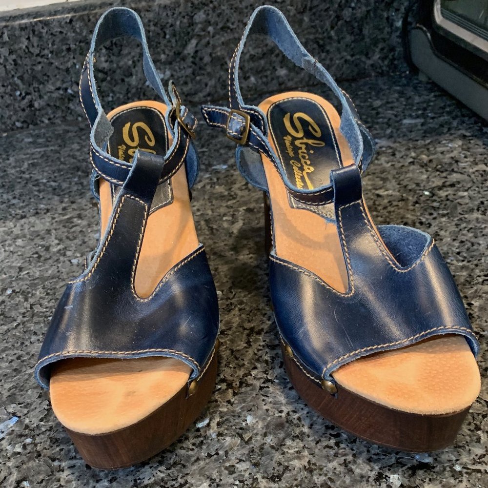 High Heel Platform Blue leather sandals